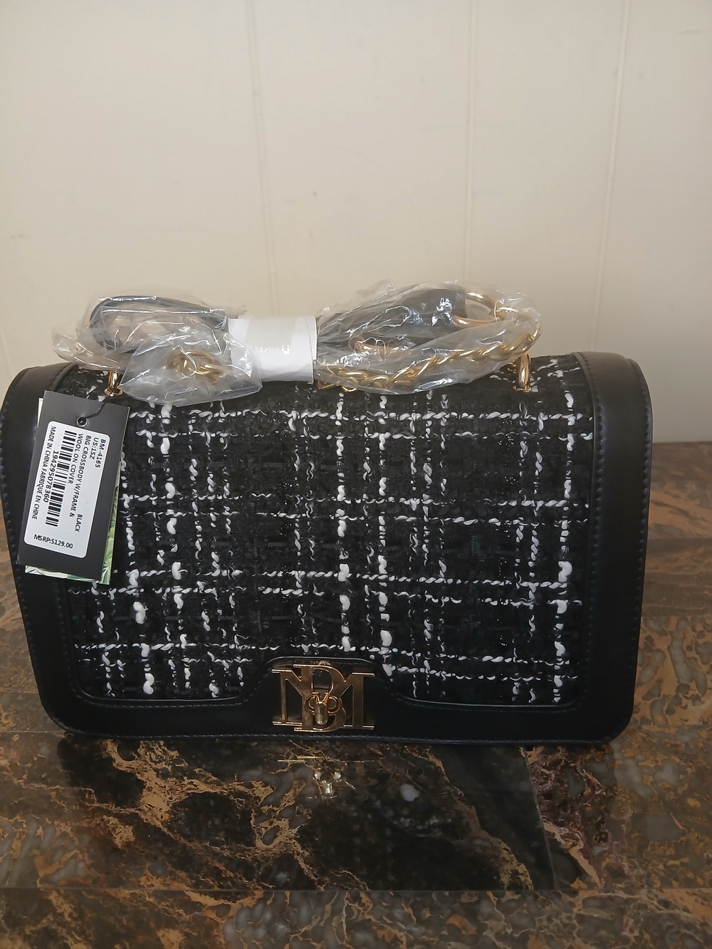 Badgley Mischka Black and White Tweed Chain Shoulder Bag